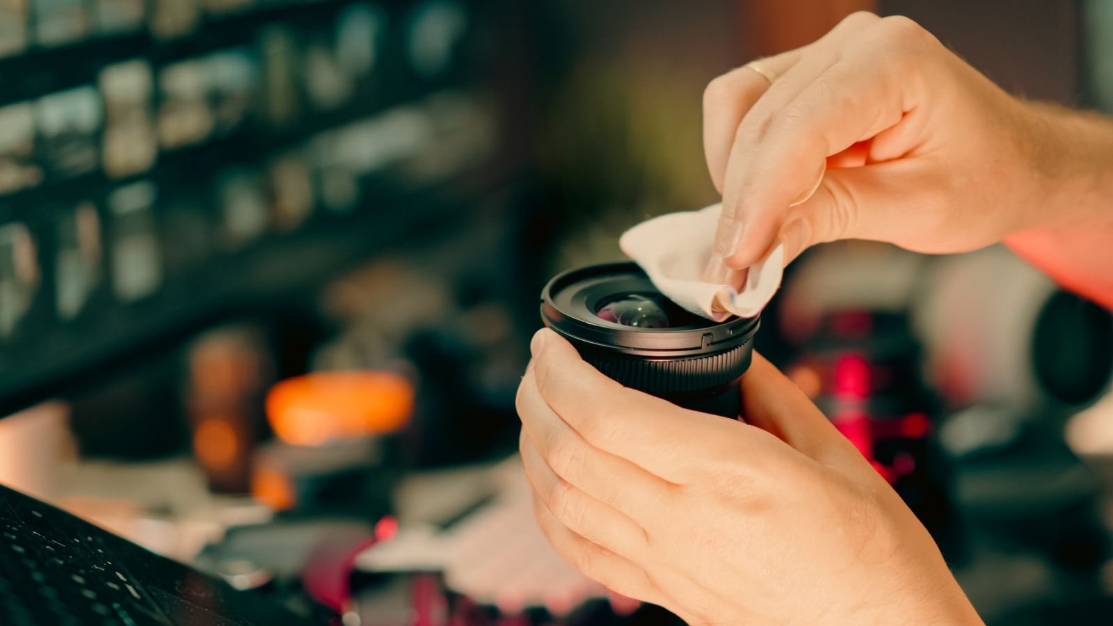 Hands cleaning the front lens element with a soft cloth.