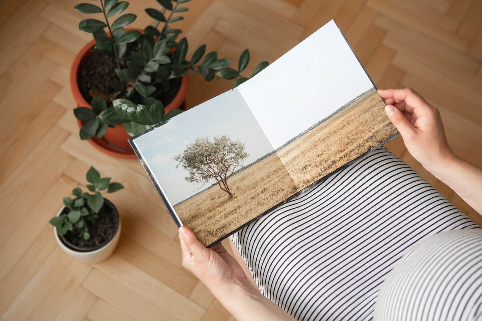 An open double-page spread in a photo book.